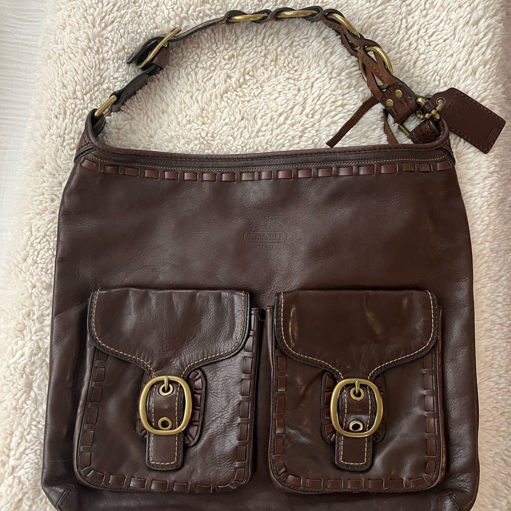 Coach Brown Leather Bag with Gold Metal Accents